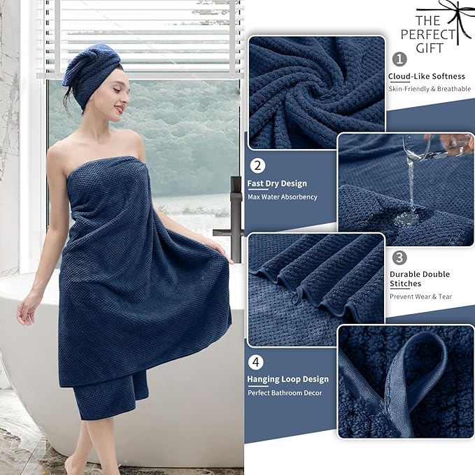 8 Piece Bathroom Towel Set Navy Blue |2 Oversized Large Bath Towels Sheet