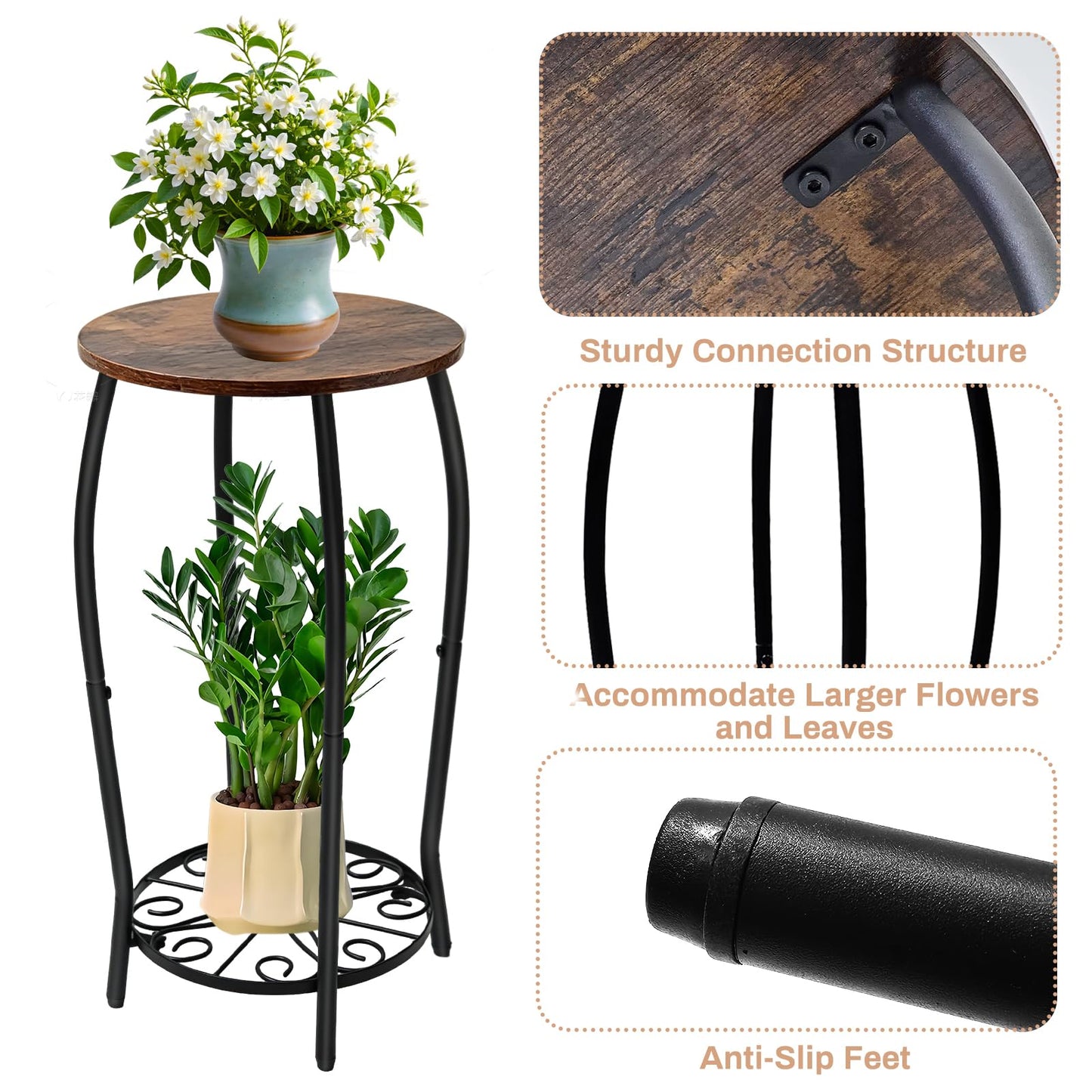 Uniqcovosa Plant Stand Indoor Outdoor, 2-Tier Tall Wood & Iron Plant Stand, 4-Leg Corner Flower Stand, Heavy Duty Floor Plant Shelf Plant Rack for Patio Living Room Balcony Home Decor
