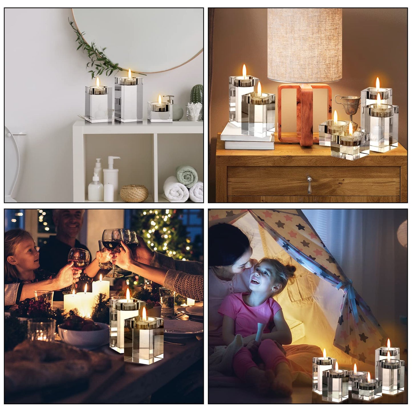 Perthlin 6 Pcs Crystal Tea Light Candle Holders Glass Votive Candle Stands Square Candlestick Holders for Wedding Dining Living Room Centerpiece Decorations, 1.57", 3.15", 3.94"