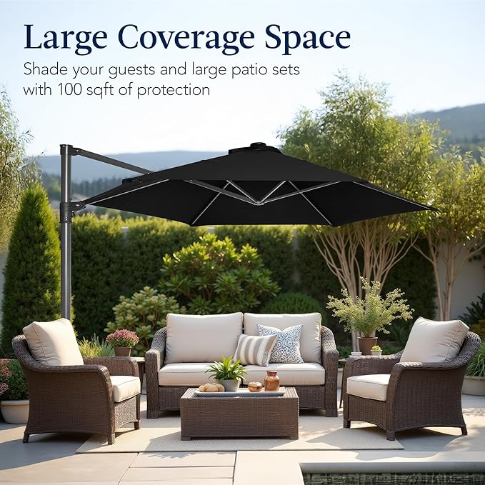 Best Choice Products 10ft Offset Cantilever Hanging Market Patio Umbrella, Smooth 360° Rotation, 8 Sturdy Ribs, Easy Adjustment - Black