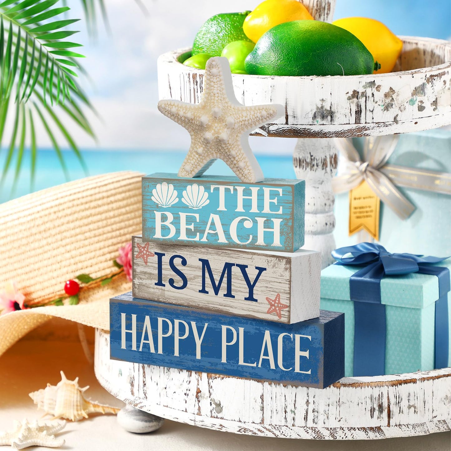 Moucuny 4 Pcs Summer Table Decoration Beach Tiered Tray Decor Starfish Coastal Rustic Wooden Block Sign Gifts Blue and White Ocean Centerpieces Farmhouse Beach Nautical Decor for Home Shelf Mantel