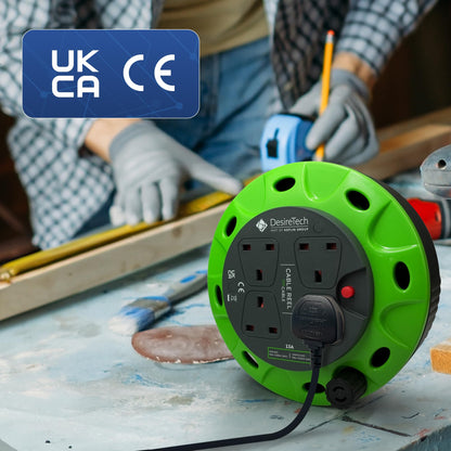 Desiretech - 4 Socket Extension Lead - 5m Portable Cable Reel - Thermal Cut Out, Ergonomic Handle, Green/Black - Heavy Duty Extension Cord for Indoor Use (5 Metre)