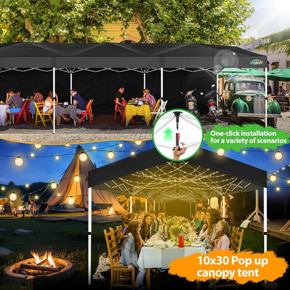 COBIZI 10x30 Party Tent with Wheeled Bag 10x30 Pop up Canopy with One-Push Setup, Outdoor Canopy with 3 Sidewalls Gazebo Event Shelter for Wedding Commercial with Sandbags,Waterproof & UPF50+, Black
