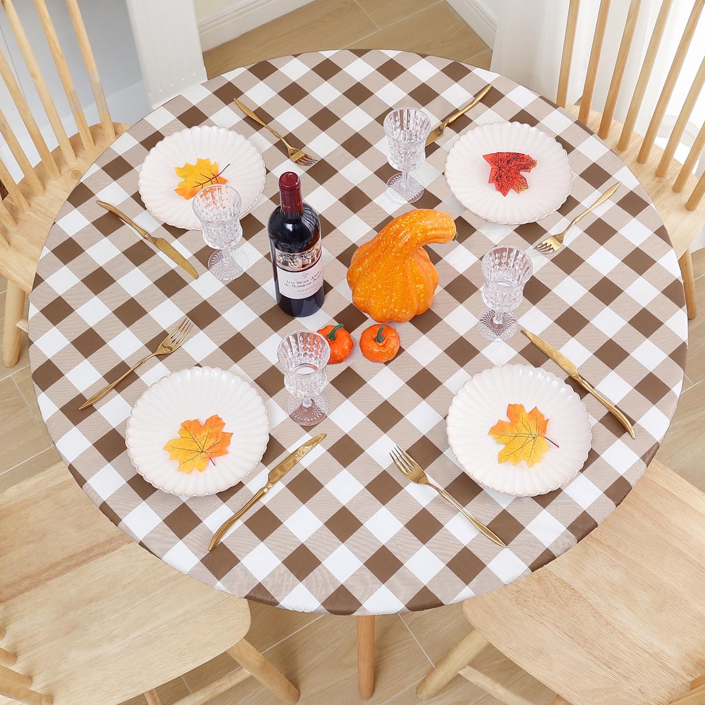 Smiry Round Picnic Tablecloth, Elastic Waterproof Fitted Vinyl Tablecloths for 45"-56" Tables, Flannel Backed Buffalo Plaid Table Cover for Dining, Camping, Outdoor, White and Brown