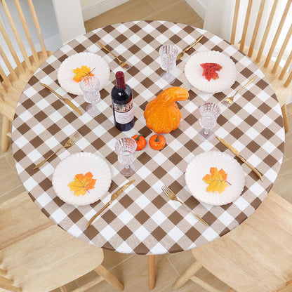 Smiry Round Picnic Tablecloth, Elastic Waterproof Fitted Vinyl Tablecloths for 45"-56" Tables, Flannel Backed Buffalo Plaid Table Cover for Dining, Camping, Outdoor, White and Brown