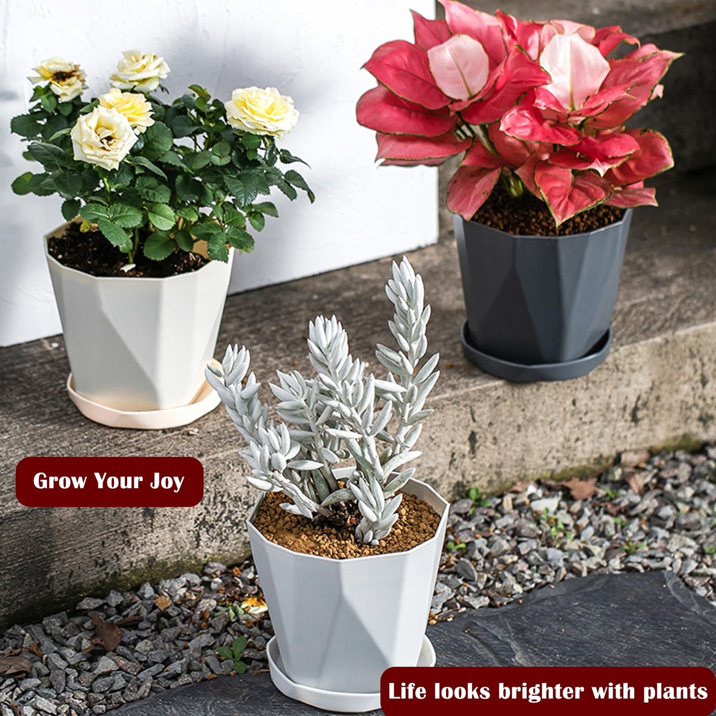 BovcTrraann 4-Pack Plant Pot, 5 Inch Plastic Flower Pots with Drainage Hole and Saucer, Plastic Planters for Indoor Outdoor Garden Plants, Flowers and Succulents (White)