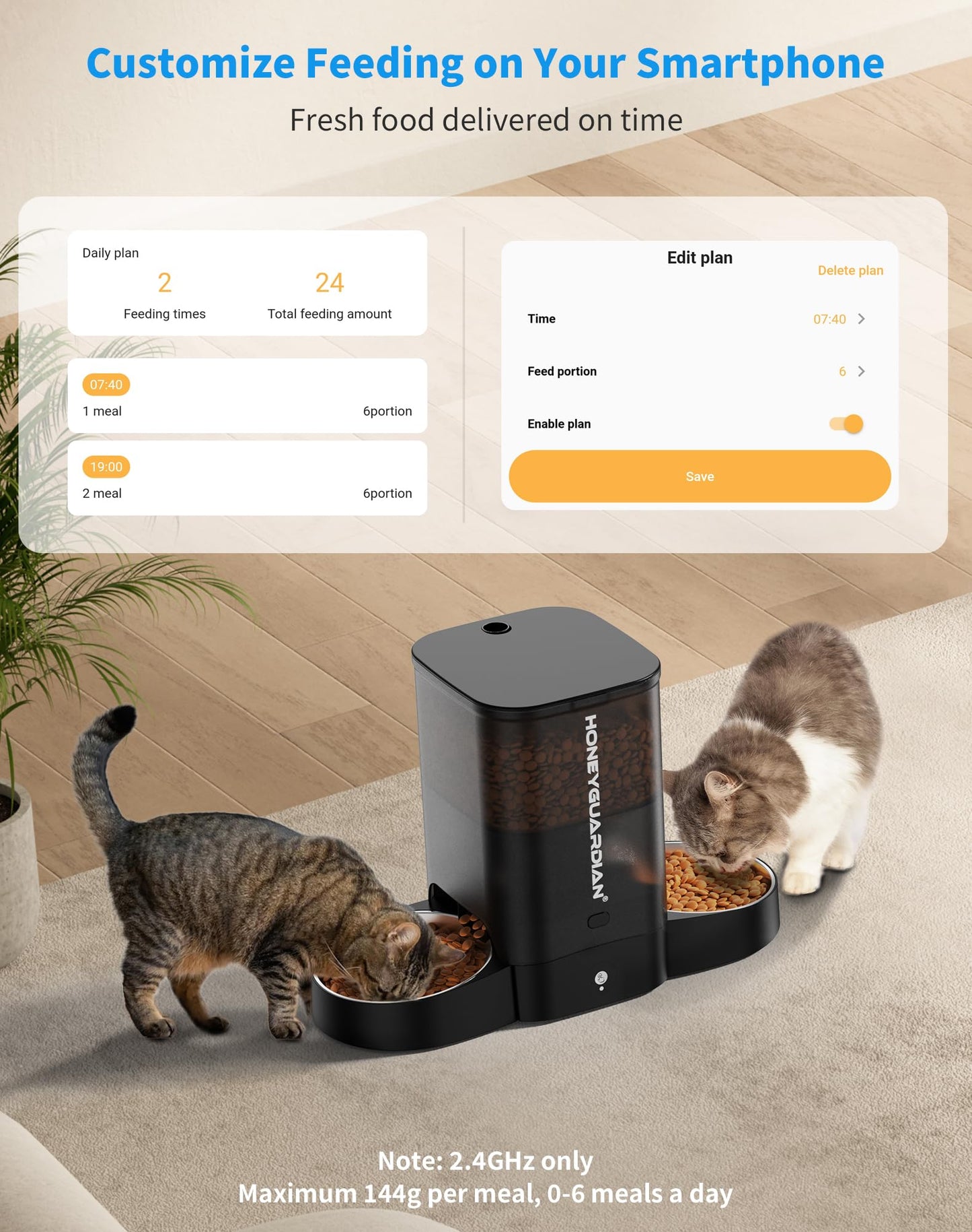 HoneyGuaridan Automatic Cat Feeder, 2.4G WiFi Smart Pet Feeder with APP Control for Remote Feeding, 3.5L Timed Cat Food Dispenser Programmable 1-6 Meals, for 2 Cats & Dogs