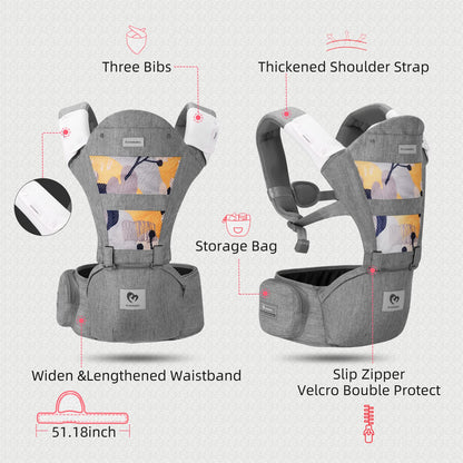 Baby Carrier, Bellababy Multifunction Baby Carrier Hip Seat (Ergonomic M Position) for 3-36 Month Baby, 6-in-1 Ways to Carry, All Seasons, Adjustable Size, Perfect for Shopping Travelling, Grey