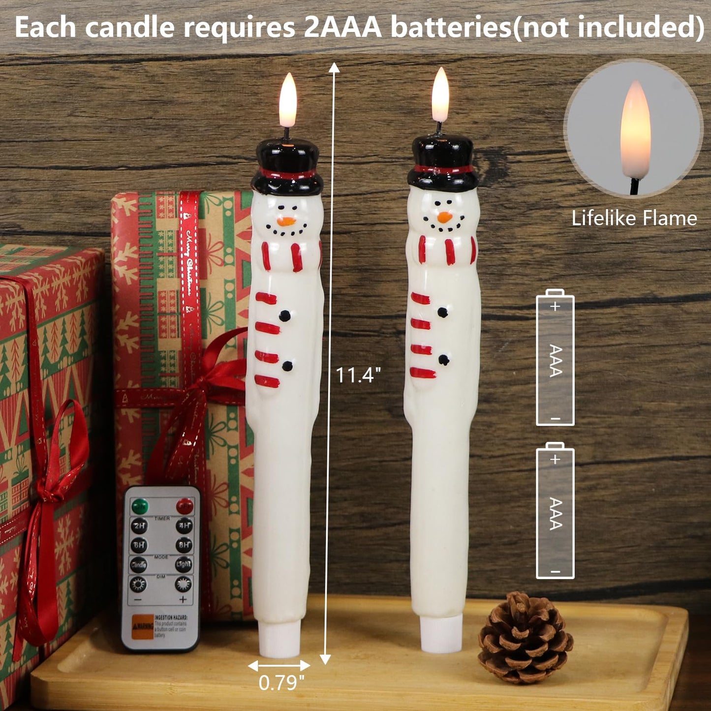 Lasumora Christmas Flameless Taper Candles with Remote Timer, 2 Pcs Hand-Painted Snowman Sculpture Shape LED Candlesticks with 3D Flickering Flame for Home Décor Christmas Gifts