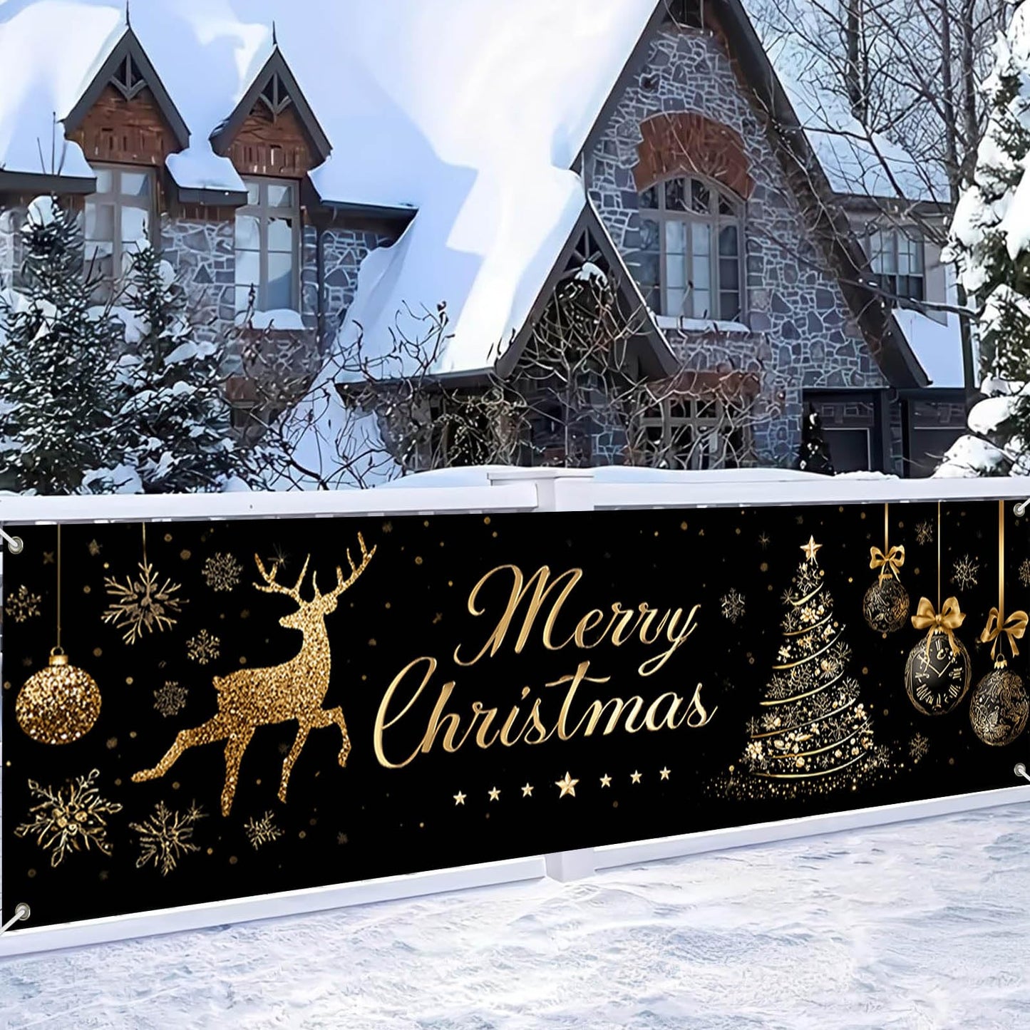 HOMETITUTE Large Merry Christmas Banner 118x35 Inch Black Gold Christmas Banner with Reindeer Tree and Ornaments for Holiday Party Wall Yard Garden Indoor Decoration Backdrop Display