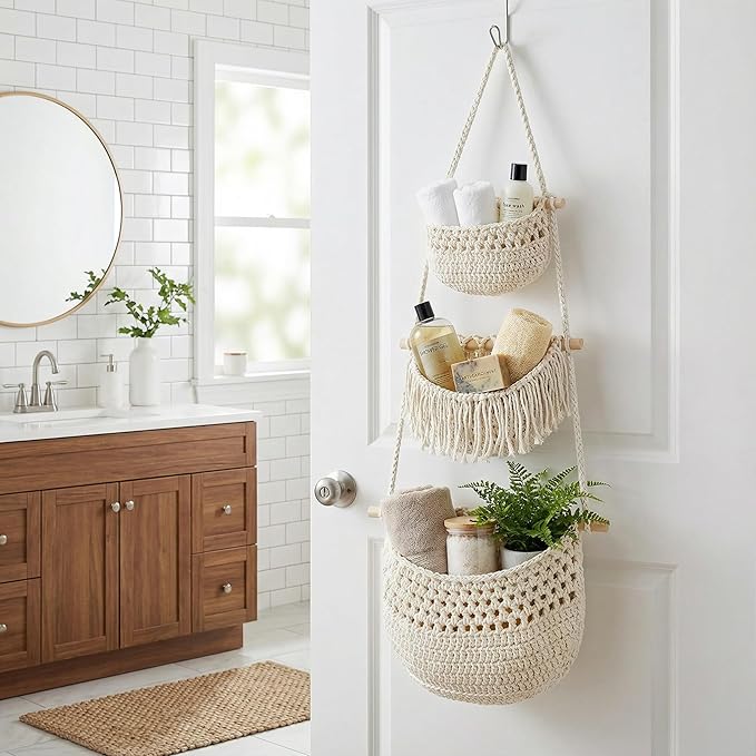 3 Tier Hanging Fruit Basket, Jute Wall Baskets, Hanging Produce Baskets