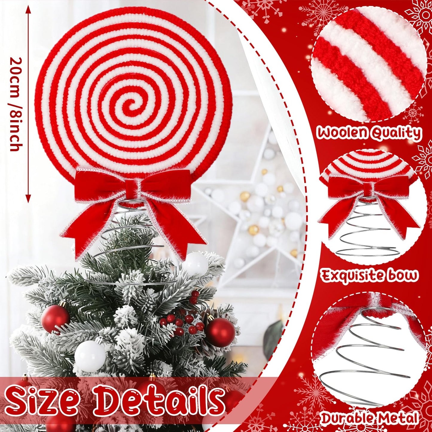 Soulchen Christmas Candy Tree Topper Peppermint Christmas Decor Toppers Large Glitter Candy Cane Tree Ornament Red and White Xmas Decoration 8 Inch Swirl Ornament for Home Xmas Holiday Party Decor