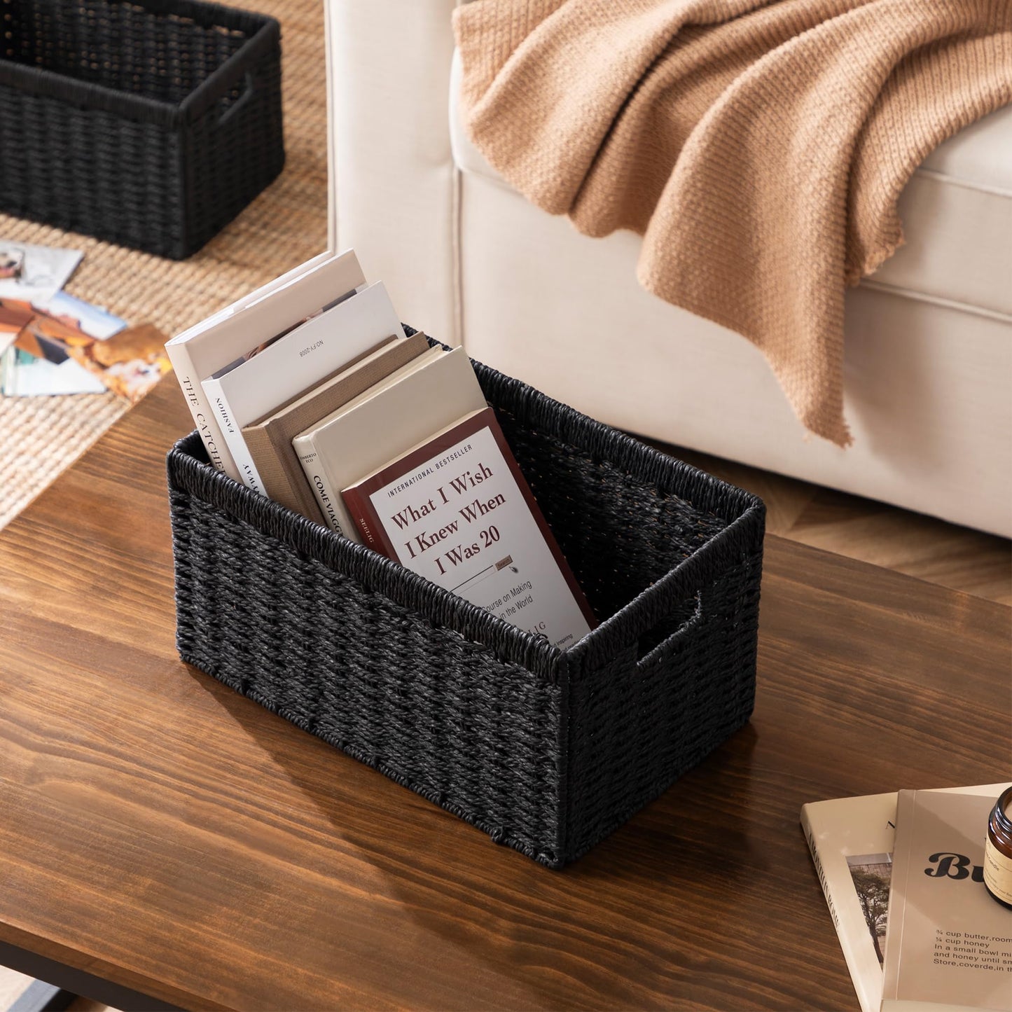 UBBCARE 2 Pack Wicker Basket, 13.4L×8.3H×7.1W inch Woven Paper Rope Storage Baskets for shelves, Foldable Rectangular Storage Baskets with Handle, Storage Basket for Organizing, （Black,2pack Medium）