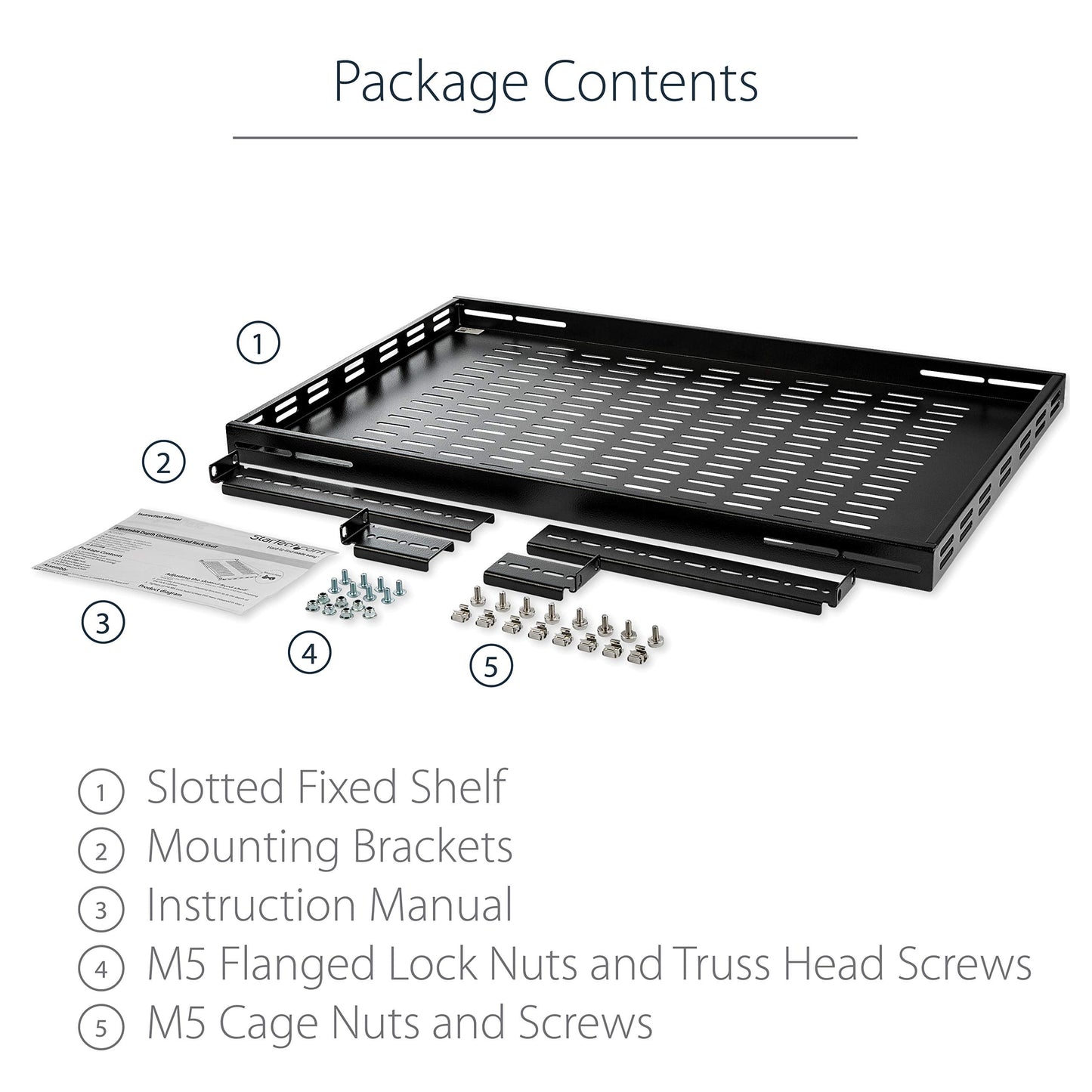 StarTech.com 1U Adjustable Vented Server Rack Mount Shelf - 175lbs - 19.5 to 38in Adjustable Mounting Depth Universal Tray for 19" AV/ Network Equipment Rack - 27.5in Deep , TAA (ADJSHELF)