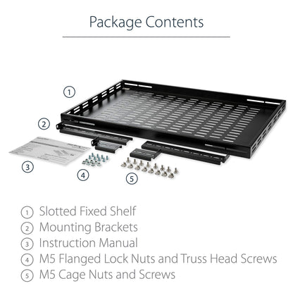 StarTech.com 1U Adjustable Vented Server Rack Mount Shelf - 175lbs - 19.5 to 38in Adjustable Mounting Depth Universal Tray for 19" AV/ Network Equipment Rack - 27.5in Deep , TAA (ADJSHELF)