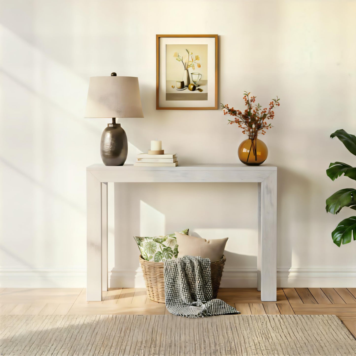 Plank+Beam Modern 46 Inch Console Table, Solid Pine Wood Entryway Table, Narrow Sofa Table for Hallway or Living Room, Seashell