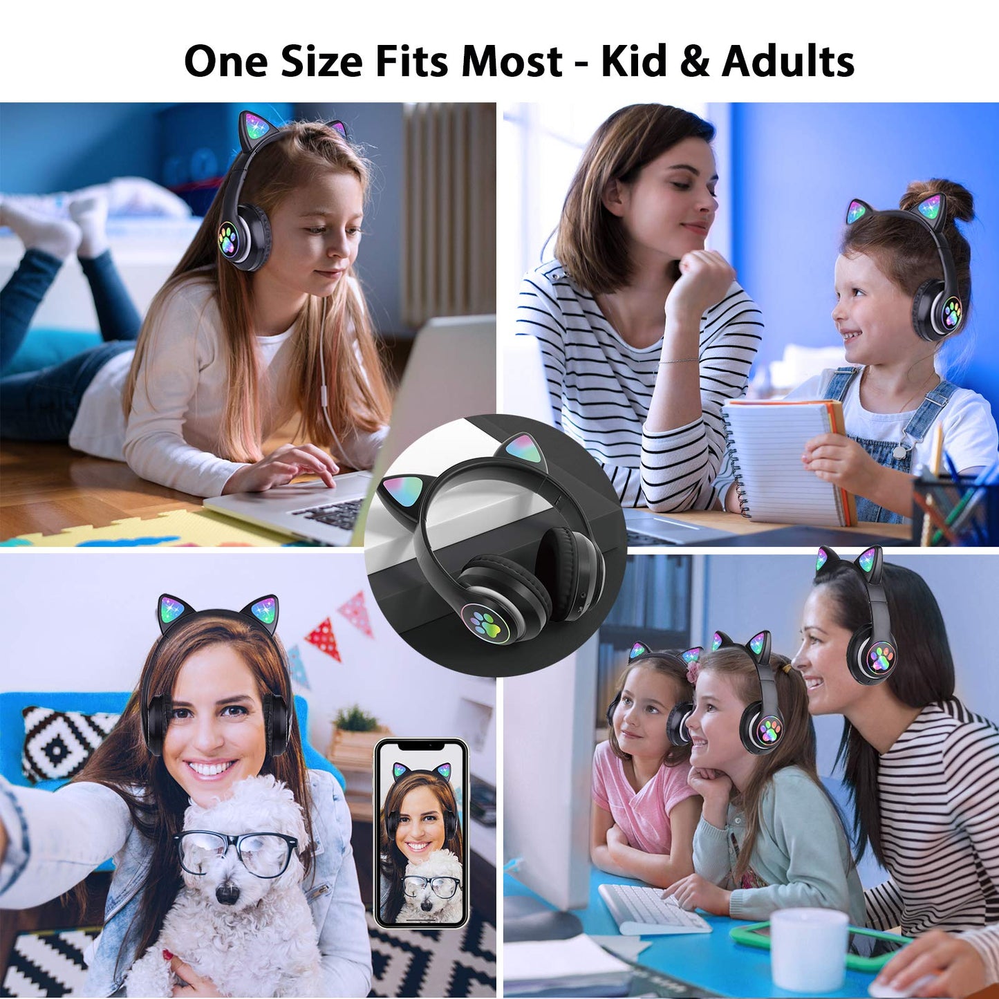 TCJJ Kids Wireless Headphones - Cat Ear LED Light Up, Bluetooth 5.4, Safe Volume Limit, Noise Cancelling with Mic & TF Card for Girls Boys Toddlers School (Black)
