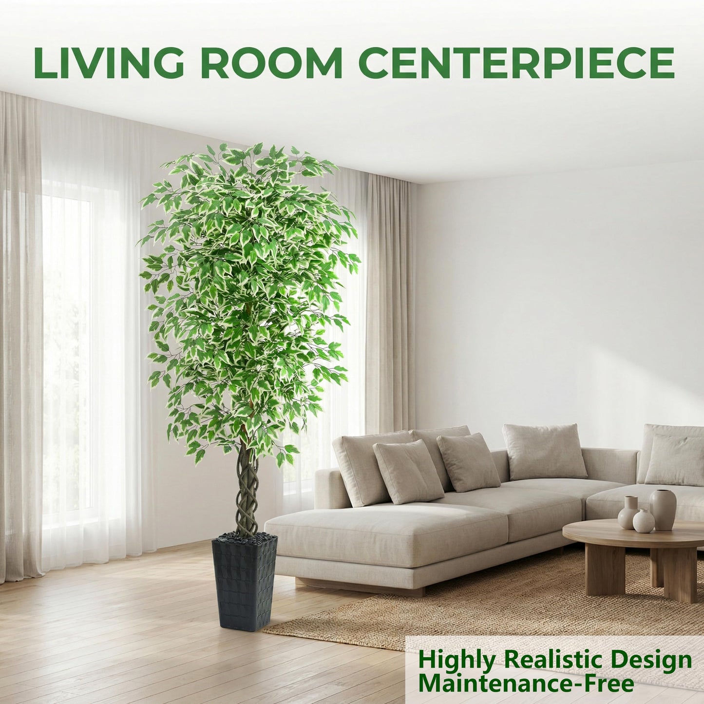 Artificial Ficus Tree Indoor 6FT Fake Plants Large Artificial Plant with Crack Black Tall Planter, Green Lifelike Lush Fake Ficus Tree for Home Living Room Bedroom Outdoor Balcony House Office Decor