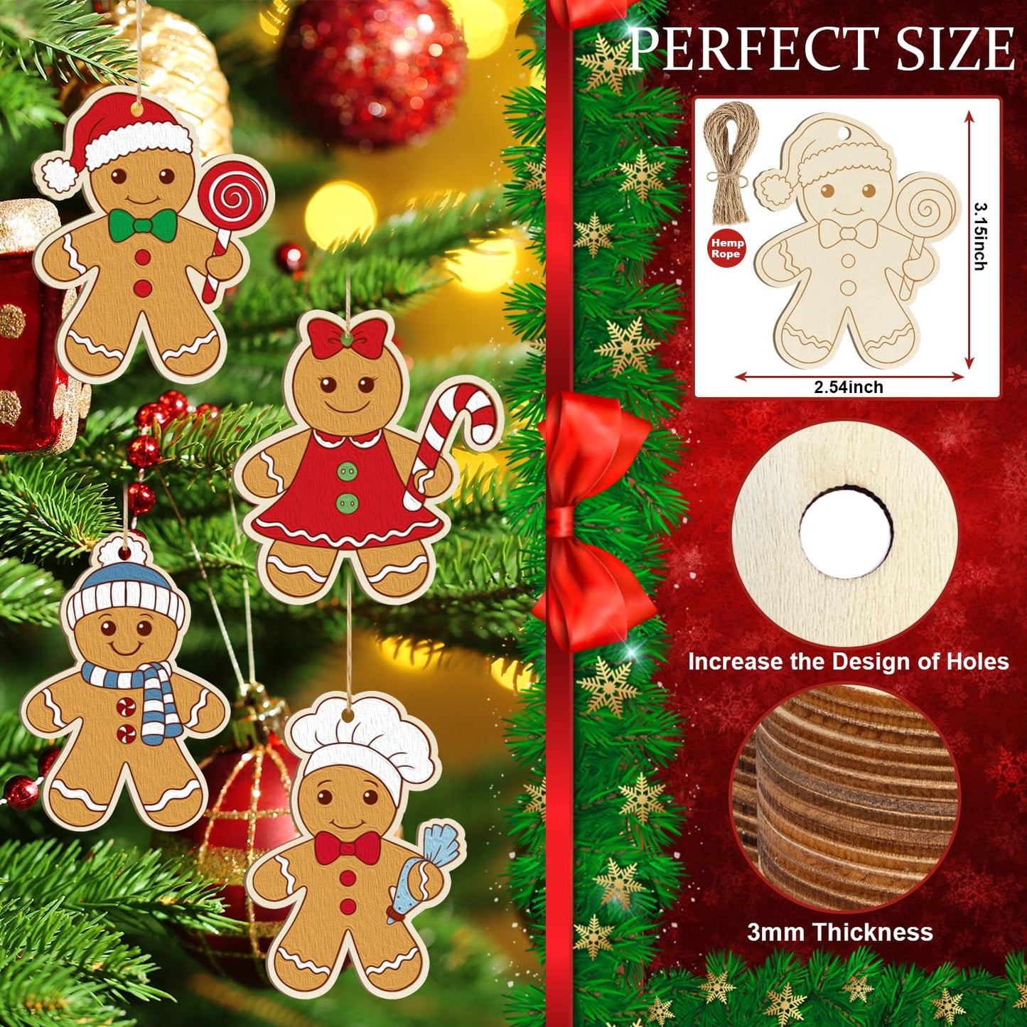 80PCS Wooden Christmas Ornaments to Paint, 8 Styles DIY Blank Unfinished Wood Gingerbread Man Cutouts Ornament for Crafts Winter Hanging Decorations