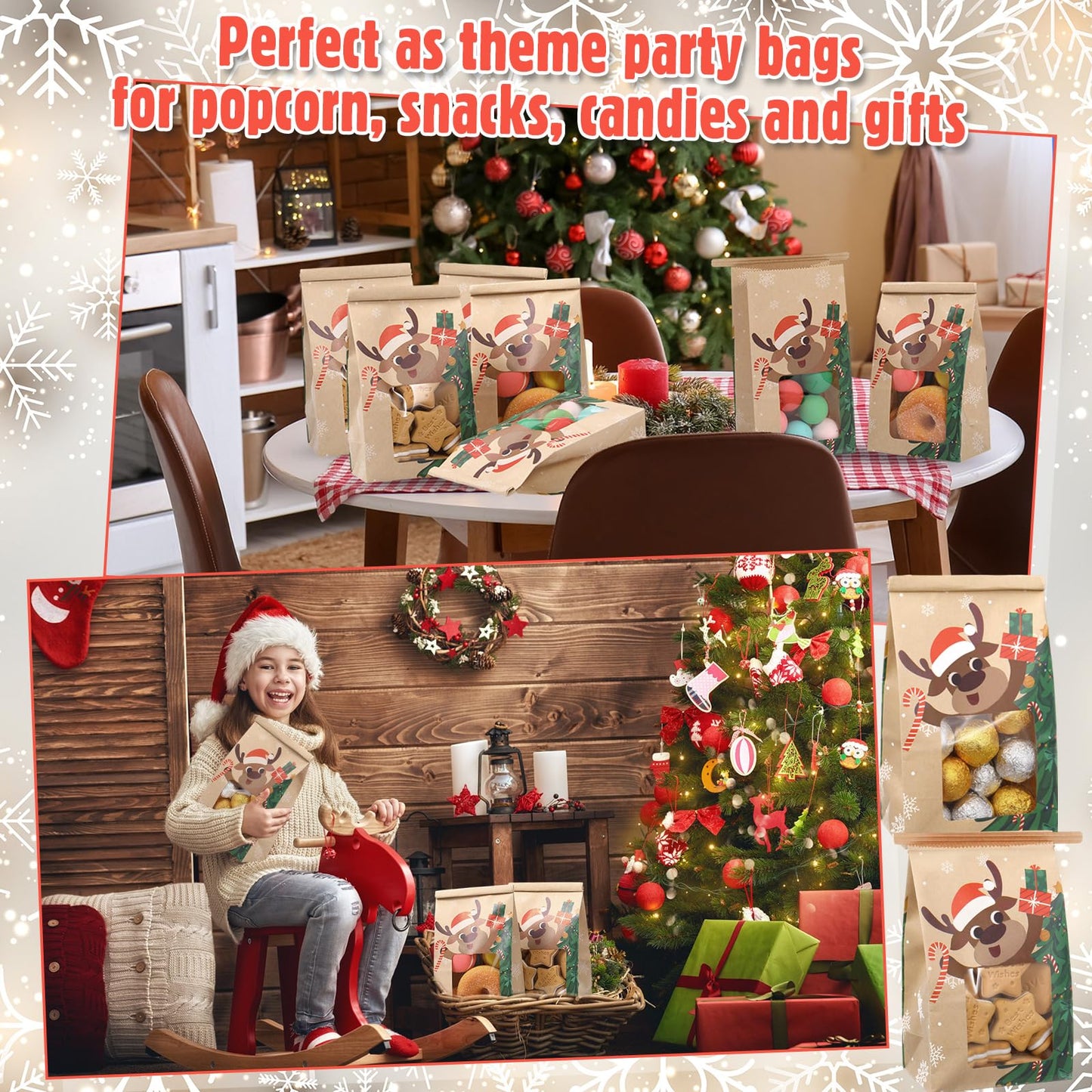 Fullhawl 120 Pcs Christmas Bakery Bags With Window, 4 x 2.36 x 6.7 Inch Tin Tie Tab Lock Small Xmas Kraft Paper Cookie Treat Popcorn Bags for Winter Holiday Party Favor