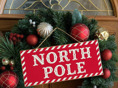 Striped North Pole Christmas Sign - 12.5" x 6", Red, White, Candy Cane Stripes, Wreath, Front Door Decoration, Kitchen, Patio, Yard, Office, Daycare, Christmas Tree Lot