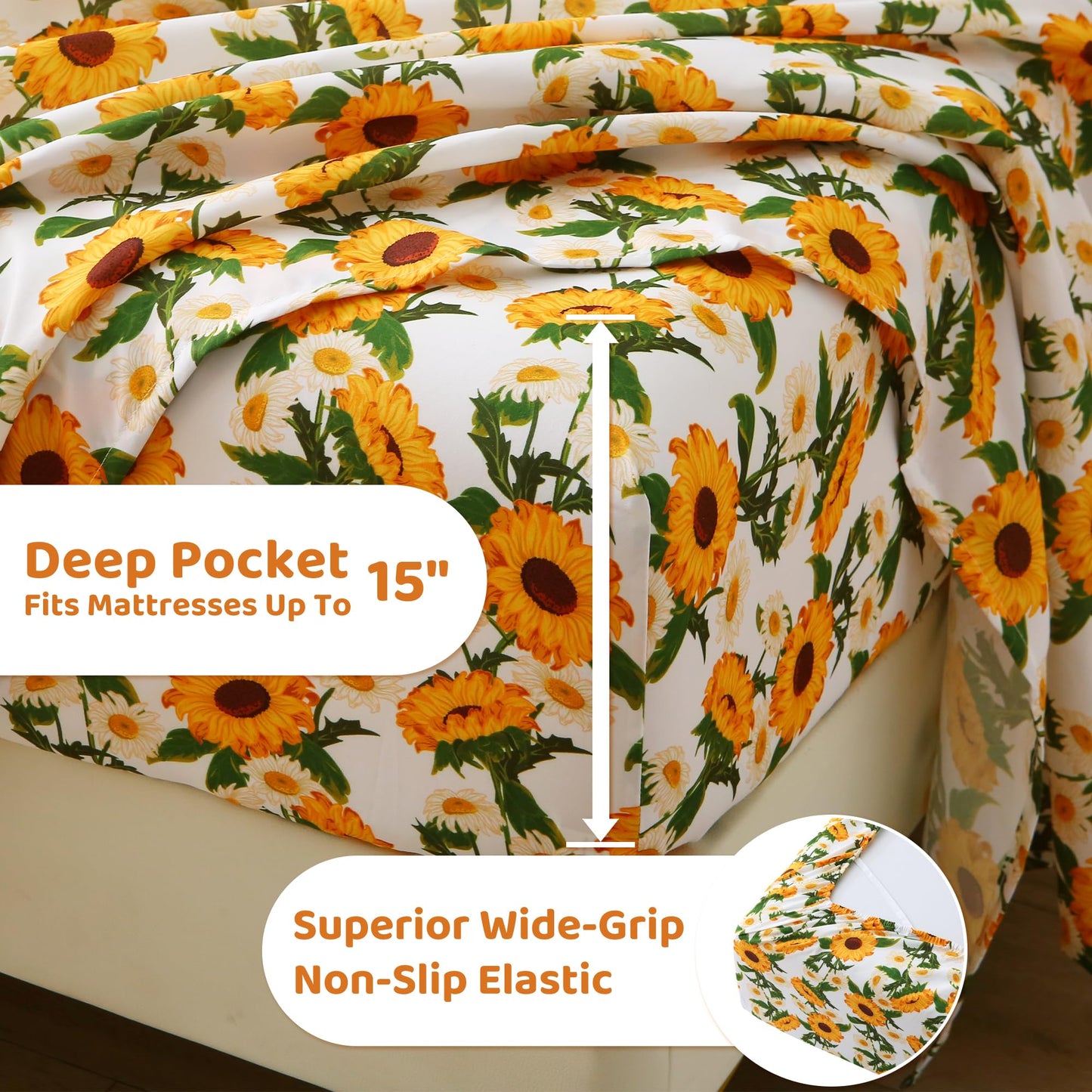 Mooreeke Cozy Vintage Microfiber Printed Floral Full Sheet Set - Soft & Breathable Yellow Sunflower Bed Sheets with Extra Deep Pocket - Non-Slip Fitted Design - Sunflower Pattern - Full