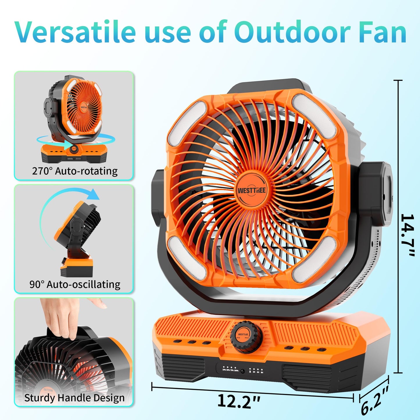 WESTTREE Battery Powered Fan Powerful Airflow Battery Operated Air Circulator Fan for Bedroom,Quiet & 360°Auto Oscillating Rechargeable Camping Fans with LED Light (RGBW) X66 Orange