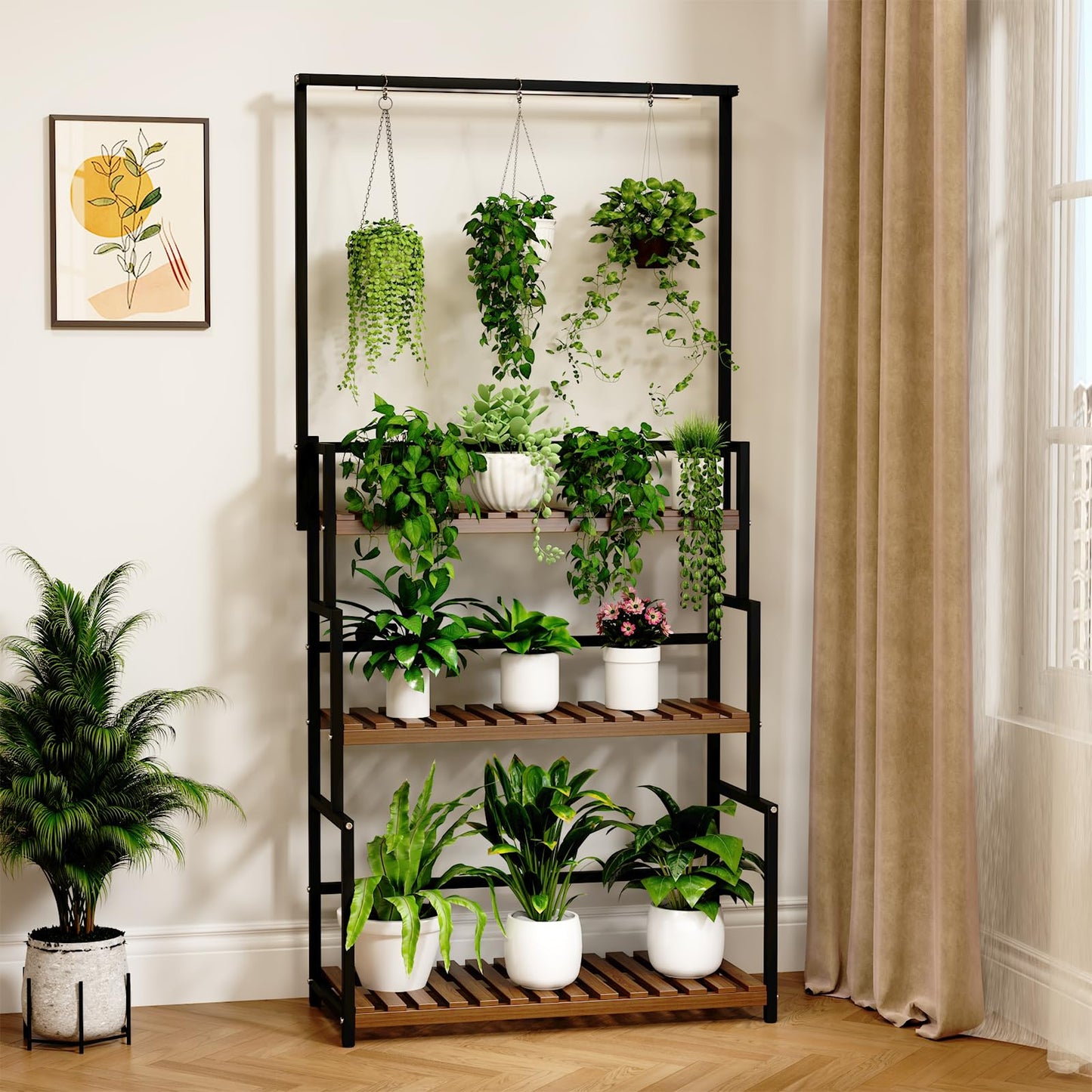 Nedechom Hanging Plant Stand with Grow Light, 3 Tier Metal Plant Stand for Indoor Plants Multiple, Large Plant Shelf Display Holder, Ladder Shape Plant Rack for Living Room, Patio, Balcony