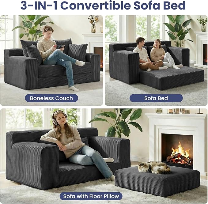 3-in-1 Convertible Sofa Bed: Boneless Loveseat Sleeper & Folding Couch Bed