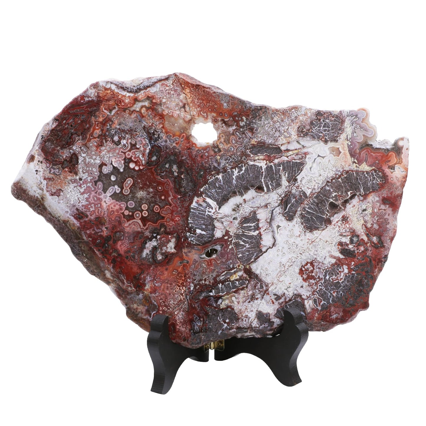 mookaitedecor Natural Mexican Agate Slab Specimen with Wooden Stand, Irregular Agate Slice Stone Figurine Table Display for Home Decoration, 426-525g