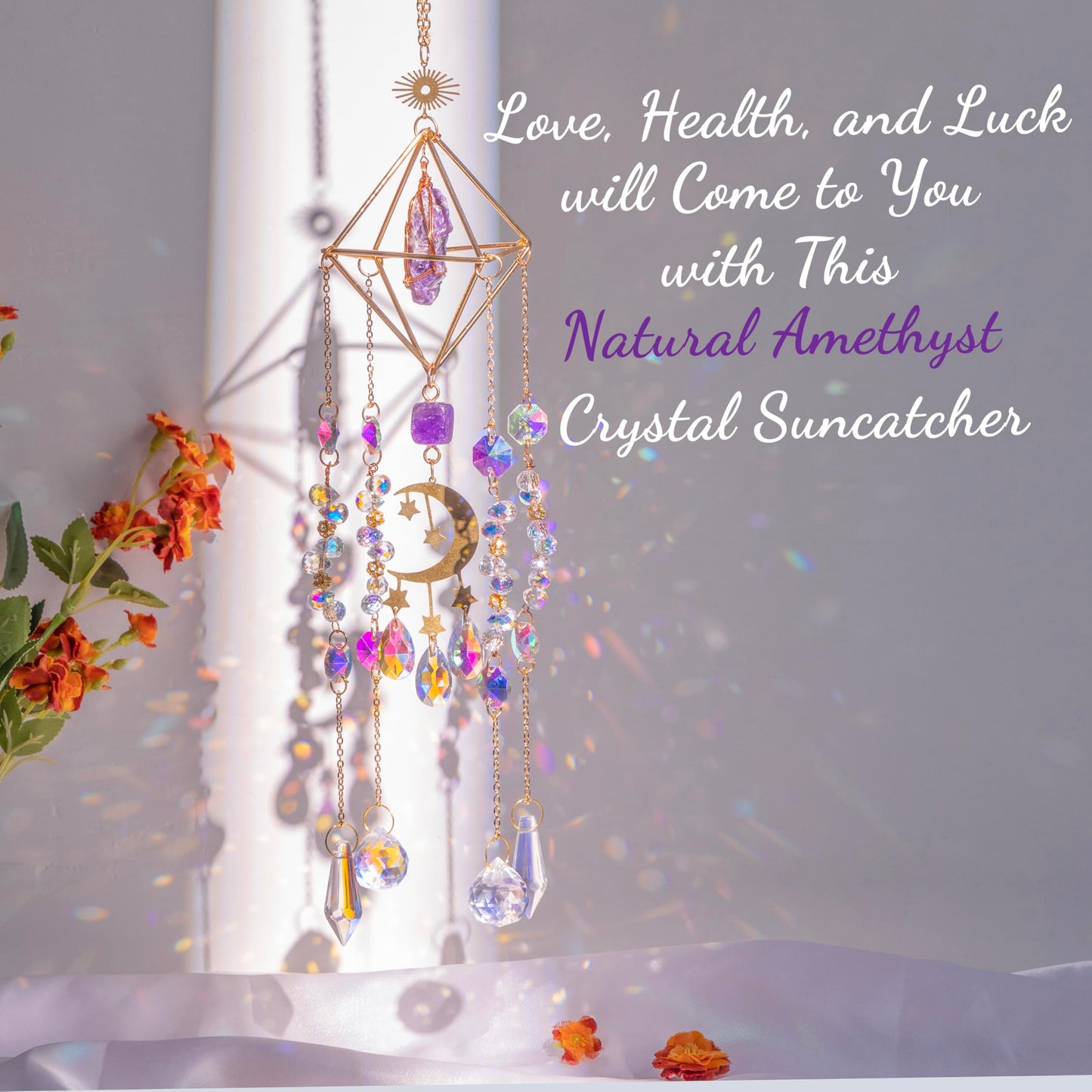 Amethyst Crystal Suncatcher - Dreamsum Hanging Wall Garden Sun Catcher for Windows, Healing Amethyst Crystal Decor for Home, Gift for Christmas Birthday,Mothers Day