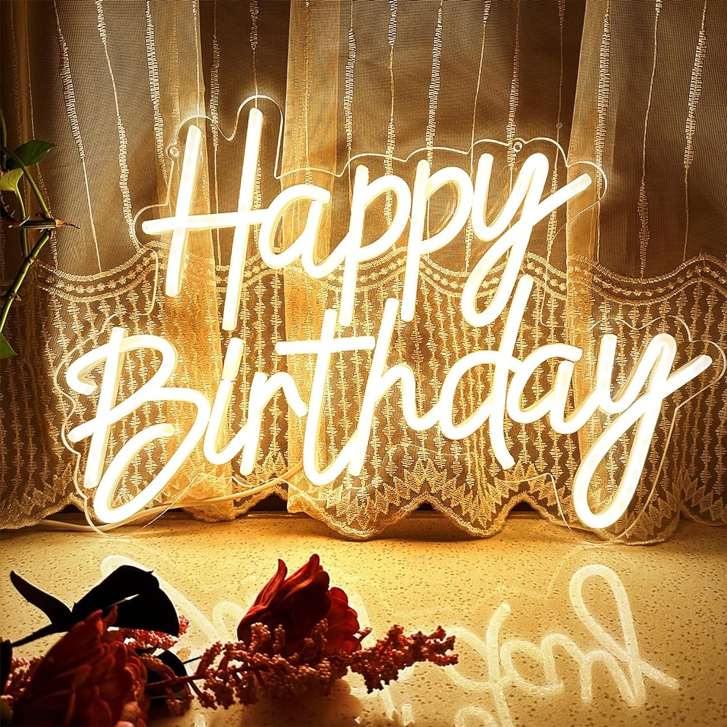 Neon Sign Happy Birthday Wall Decor Night Light for Bedroom Bar Cafe Anniversary Party Banquet Rave Home Decor Backdrop Dimmable Reusable USB Powered 5V Size 17 * 10 * 0.39 Inches (Warm White)