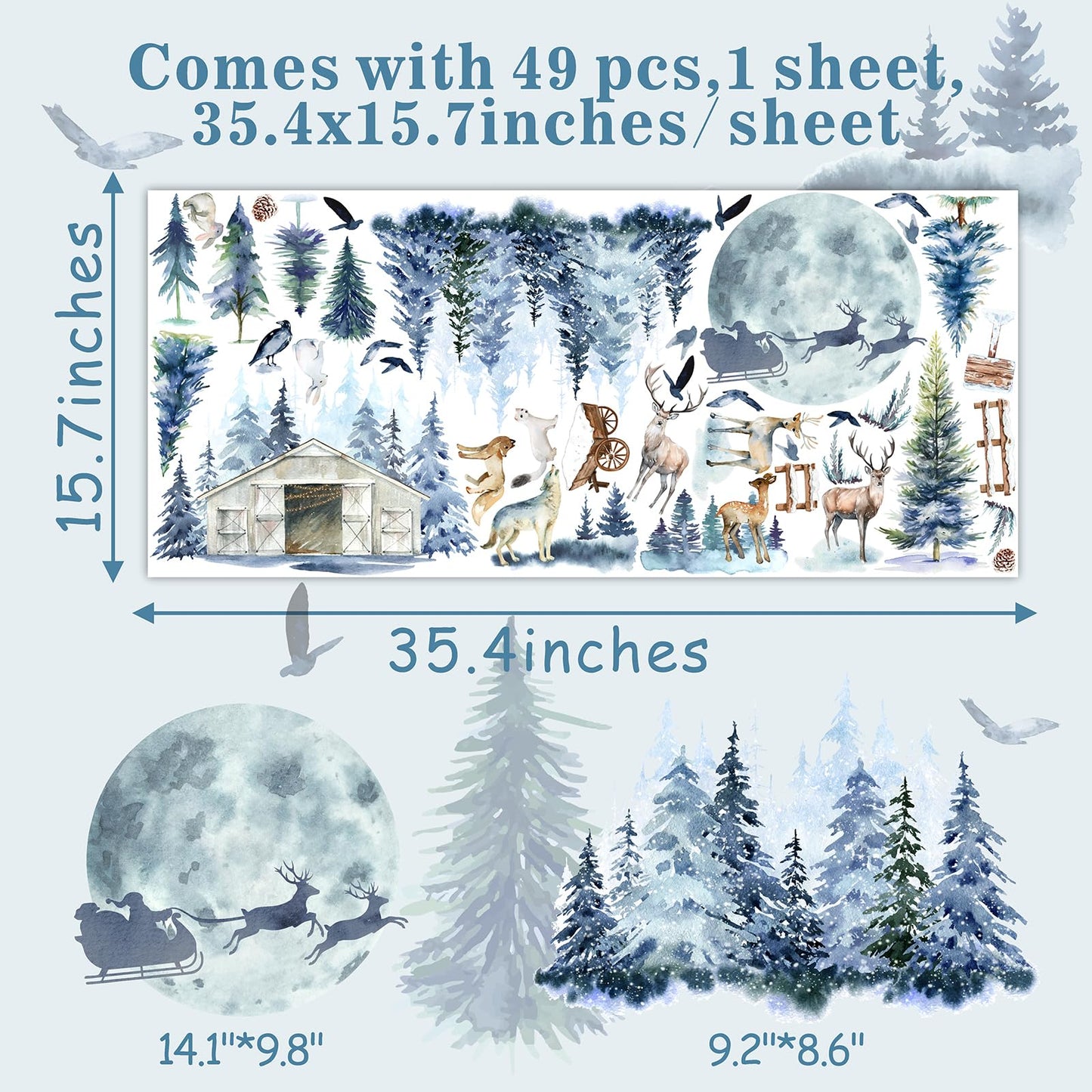 Winter Tree Wall Stickers Forest Animal Wall Decals Removable Woodland Tree Animal Wall Stickers Christmas Winter Pine Wall Decal Xmas Elk Santa Claus Christmas Moon Window Wall Decal