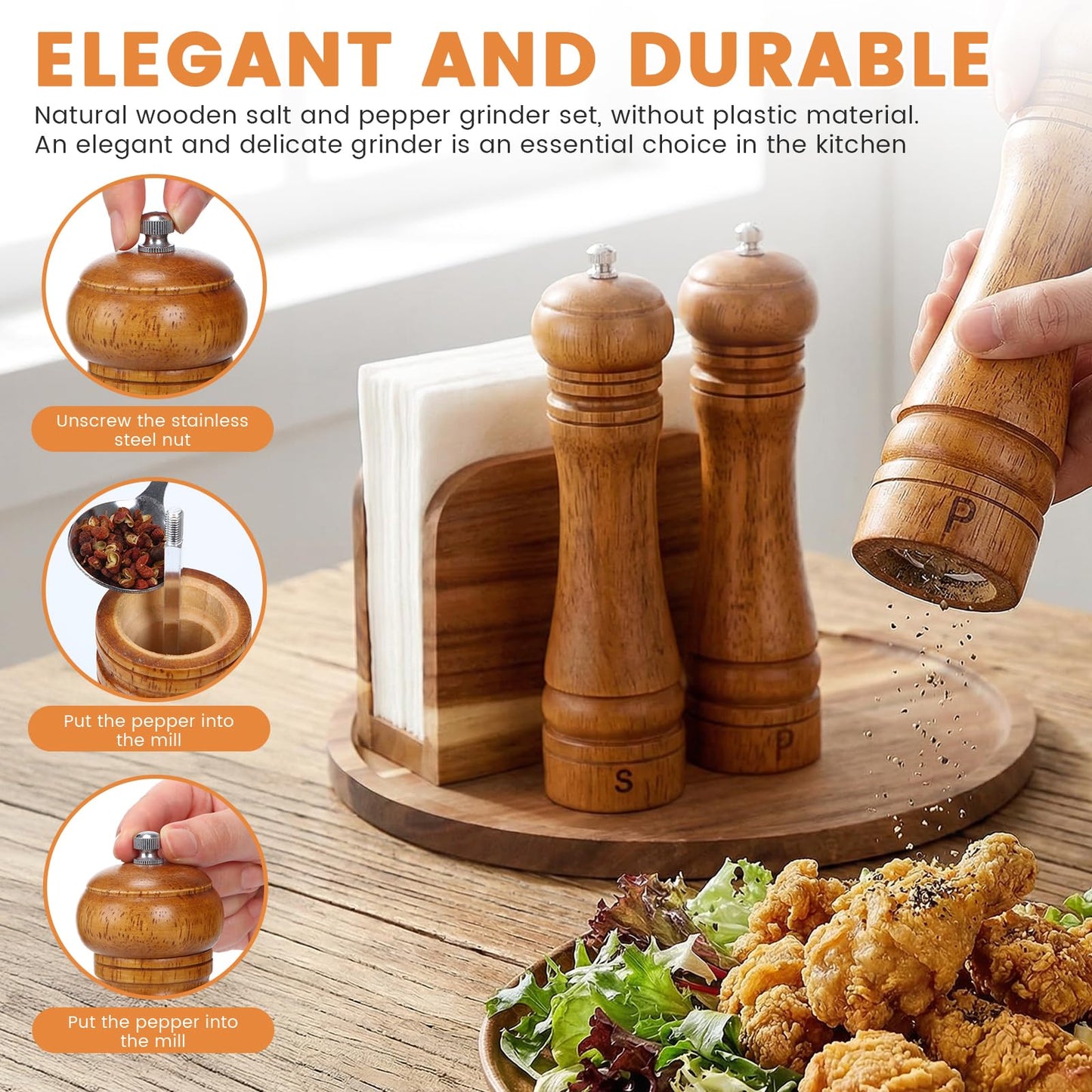 4 Pcs Rustic Farmhouse Decor Set Acacia Wooden Napkin Holder Salt and Pepper Shakers and 12" Round Wood Tray Spice Rack Table Tray for Kitchen Countertop Dining Table Centerpieces(Brown)