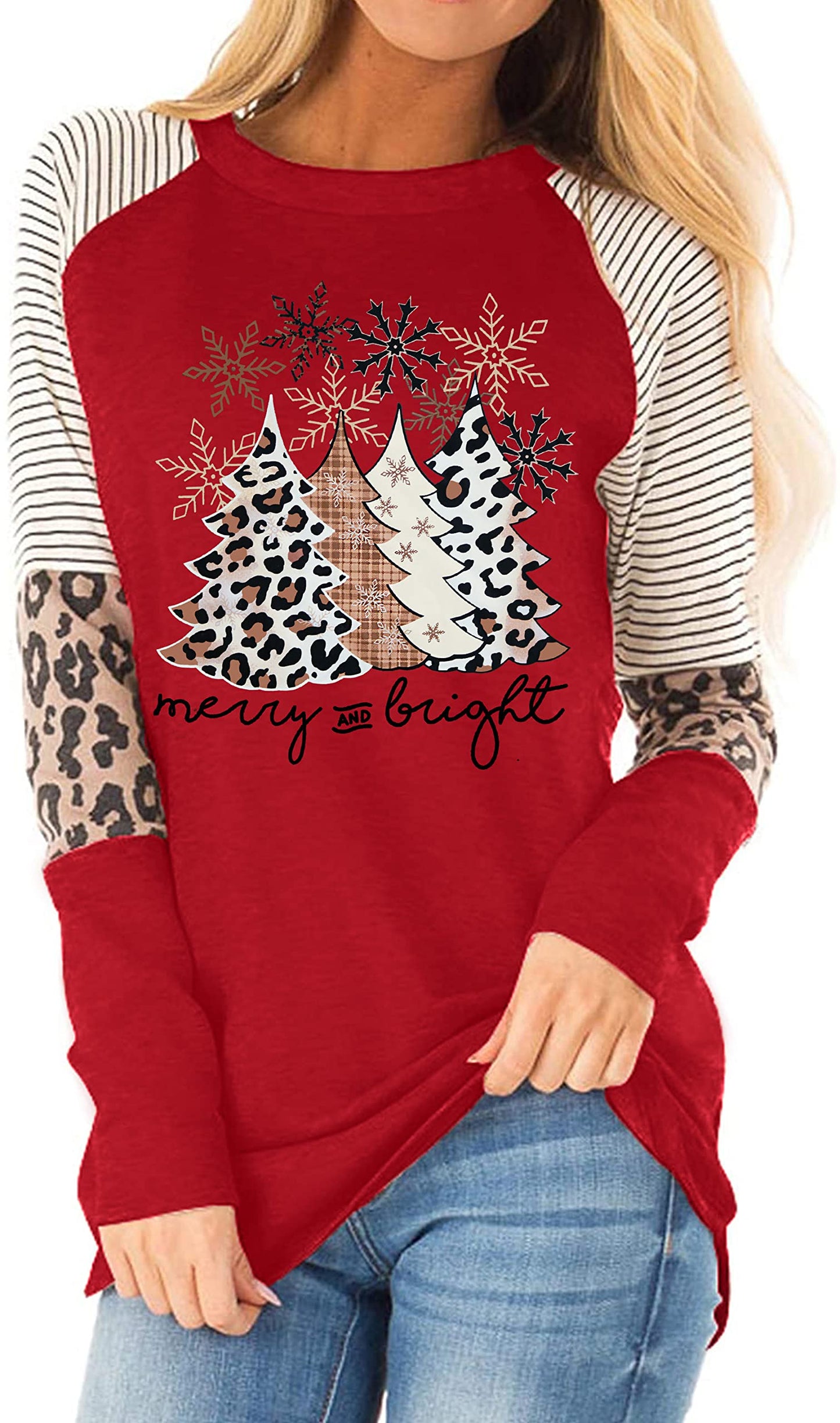 Christmas T Shirt Womens Merry and Bright Shirt Xmas Leopard Print Tree T-Shirt Holiday Graphic Tee Tops (Red, X-Large)
