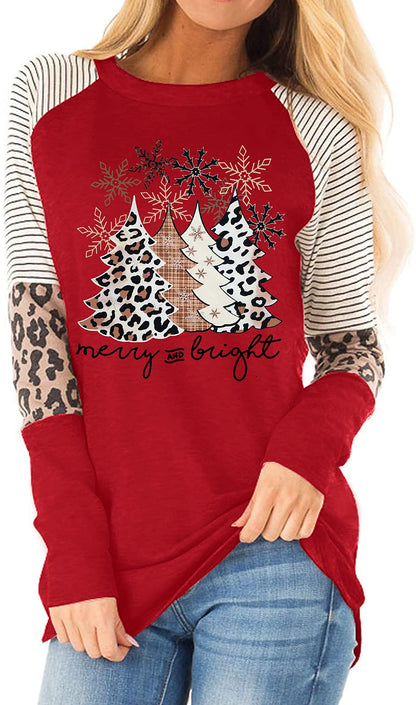 Christmas T Shirt Womens Merry and Bright Shirt Xmas Leopard Print Tree T-Shirt Holiday Graphic Tee Tops (Red, X-Large)