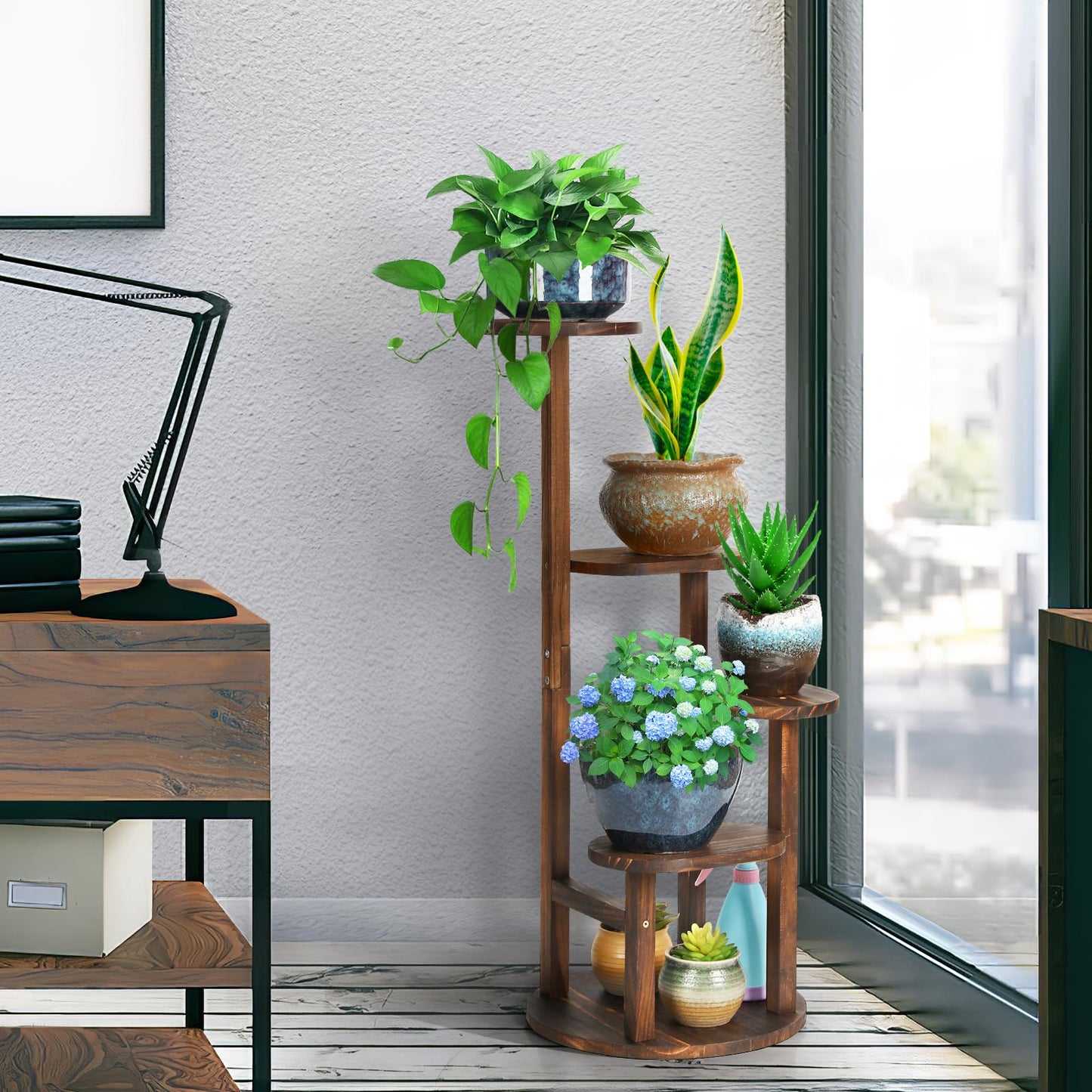 Jotboom 4 Tier Tall Plant Stand Indoor, Wood Corner Plant Shelf for Multiple Plants, Sturdy Oval Tiered Flower Pot Holder Display Rack for Living Room Balcony Patio, Carbonized Pine Wood