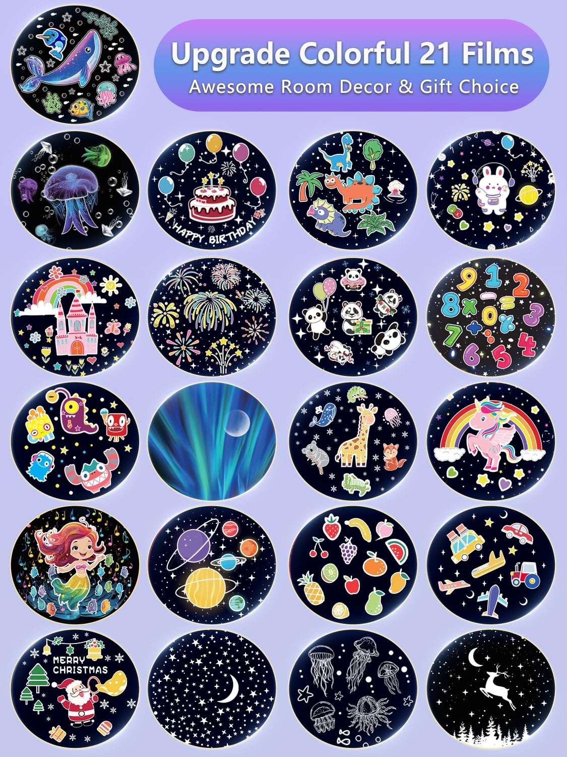 21 Sets of Films, Projector Night Light for Kids Bedroom, Ceiling, Kids Night Light Projector, Star Galaxy Projector with 360° Rotation Dimmable for Girls, Birthday, Christmas, Nursery, Room Decor
