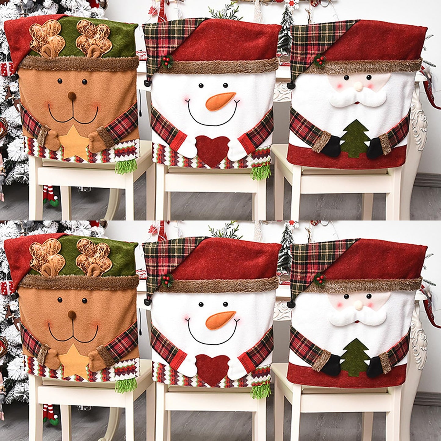 DCQRY 6 Pcs Christmas Chair Back Cover for Dining Room, Santa Claus Snowman Reindeer Xmas Dinner Chairs Cover, Chair Slipcover for Kitchen Hotel Holiday Party Decor