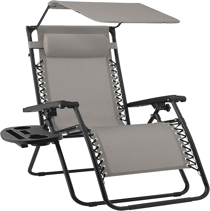 Best Choice Products 30” Wide Folding Zero Gravity Outdoor Recliner Patio Lounge Chair w/Adjustable Canopy Shade, Headrest, Side Accessory Tray - Ice Gray