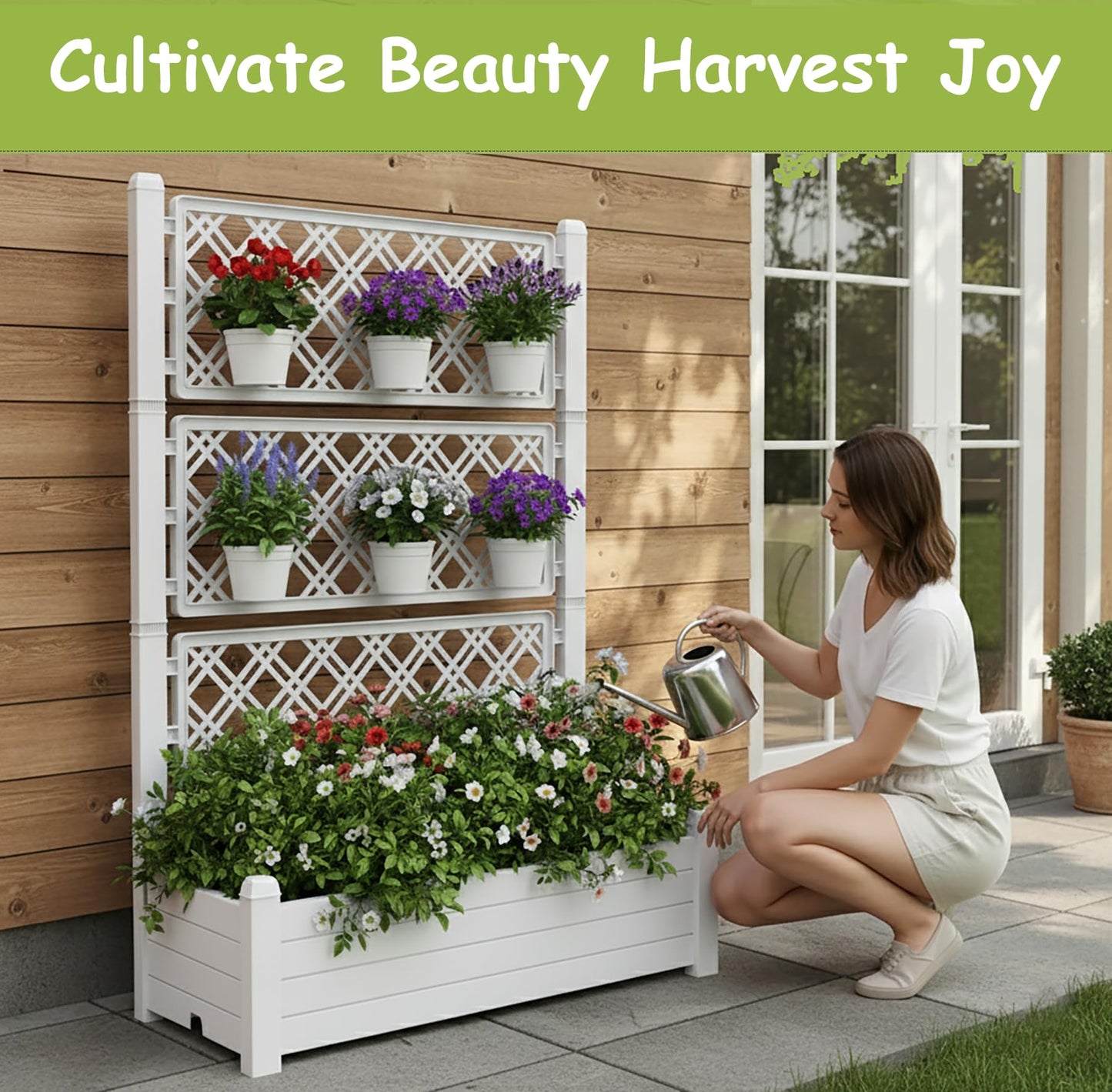 Tramull 5' Tall Raised Garden Bed with Trellis, Self Watering Planter Box for Outdoor Climbing Plants Resin Garden Lattice for Vegetables, Flowers, Tomato & Vine with Drainage Holes (Ashen, 1 PC)