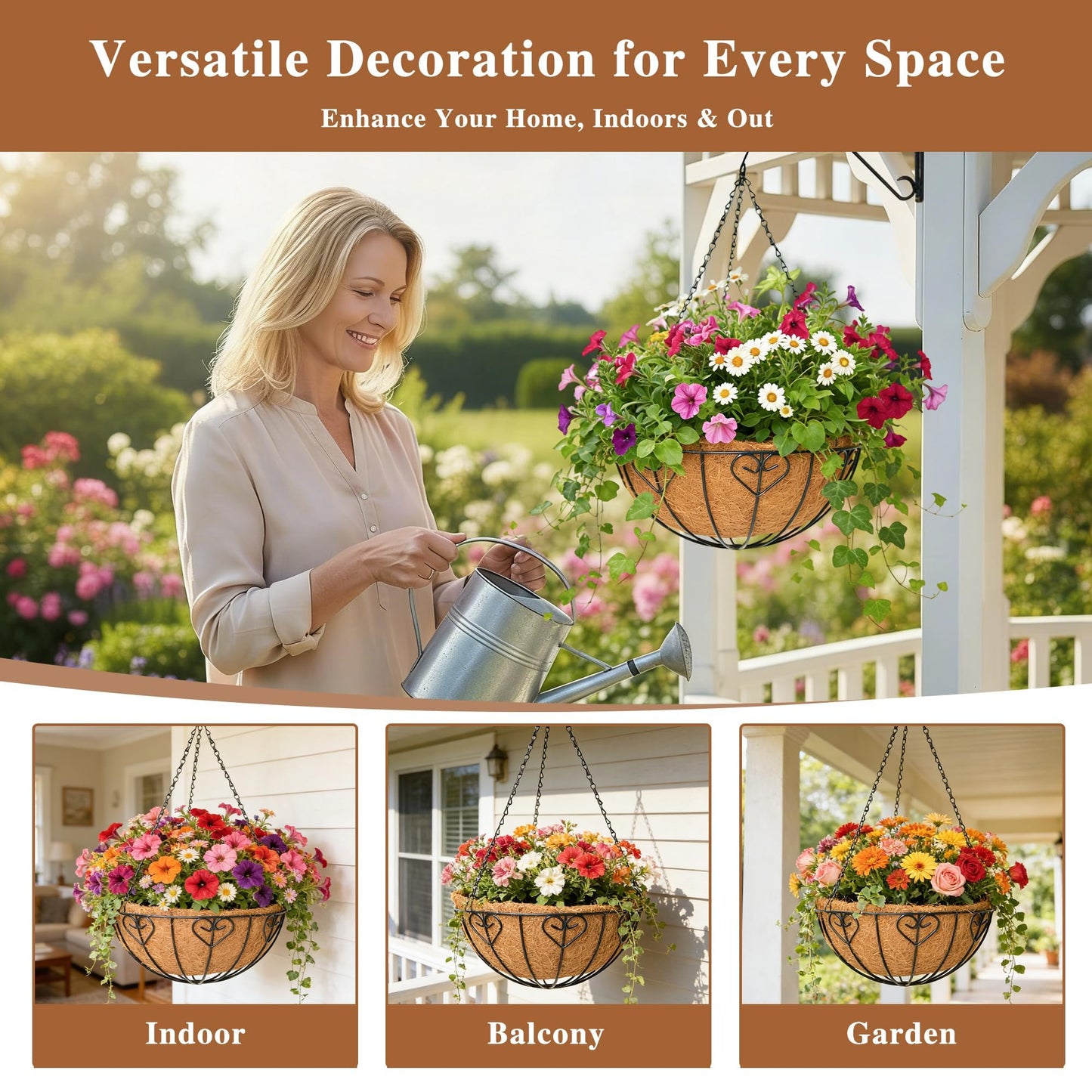 4 Pack Hanging Planter for Outdoor Plants 14 inch Metal Hanging Flower Basket with Coco Coir Liner Round Wire Plant Holder Chain Flower Pots Outdoor Garden Decoration Watering Hanging Baskets（AX）