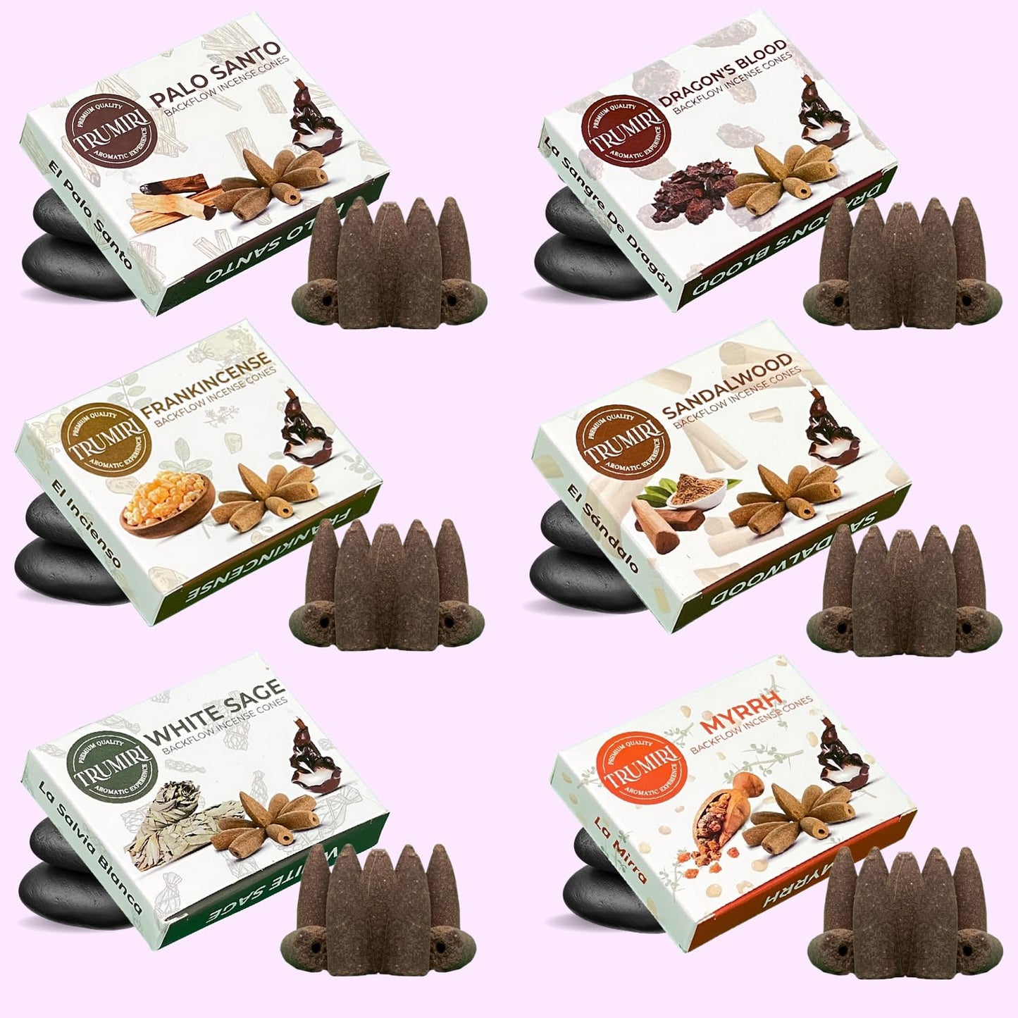 Woody - Backflow Incense Cones for Waterfall - Scented Inscents-Cones - Sandalwood, Dragons Blood, Palo Santo, White Sage - Insiensos Aromaticos - 6x10=60 Large Variety Pack - Back Flow Down Reverse
