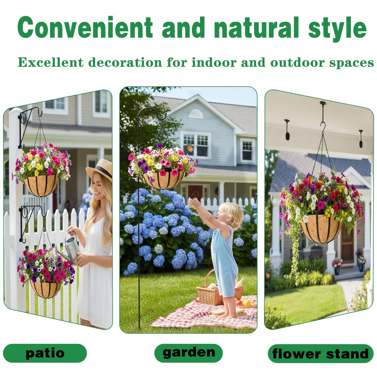 JFFLYIT 4 Pack 14 Inch Hanging Planters for Outdoor Plants Metal Hanging Planter Basket with Coco Coir Liner Round Plant Black Flat Iron Metal Flower Pots for Deck Patio Porch Garden Balcony