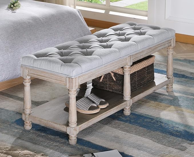 Farmhouse Storage Bench Wooden Entryway Upholstered Tufted Ottoman Bench