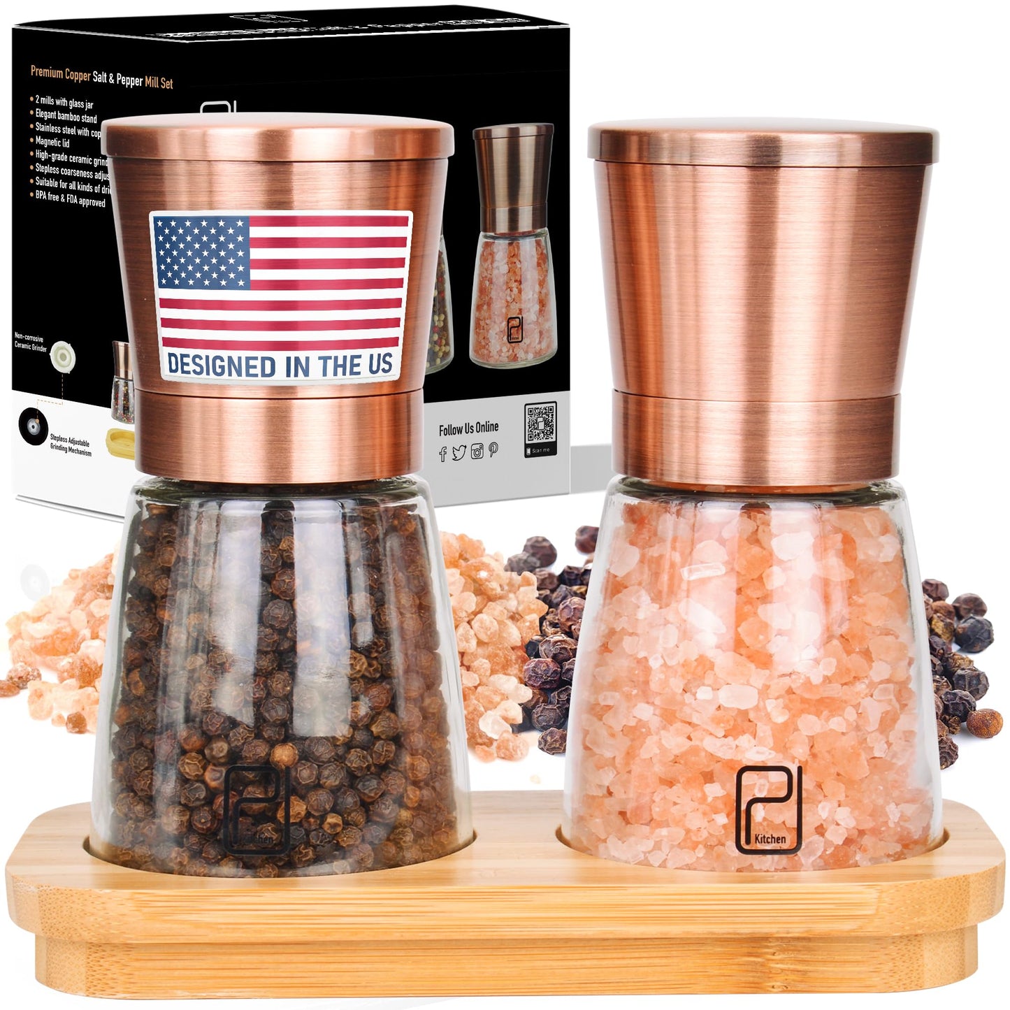 Premium Salt and Pepper Grinder Set w/Bamboo Holder - 6 oz, Copper Stainless Steel - S&P Spice Shakers - Refillable & Adjustable Coarseness Hand Mill for Spices & Seasonings - by PJC-Kitchen