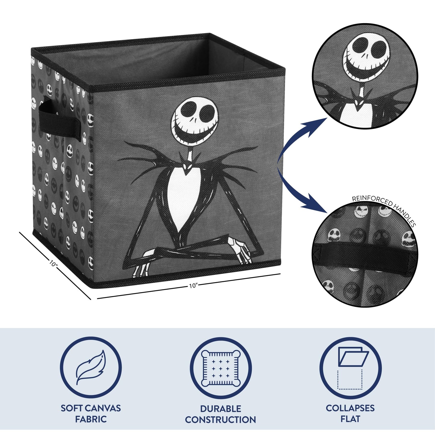 Nightmare Before Christmas Jack and Sally Set of 2 Durable Storage Cubes with Handles, 10"x10"x10" Cubes