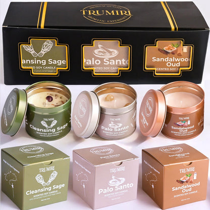 Cleansing Sage, Palo Santo, Sandalwood Oud - Soy Candles Non Toxic - Highly Scented Long Lasting with Essential Oils - Variety Pack of 3 x 5oz - for Home Aromatherapy Meditation Gift Travel