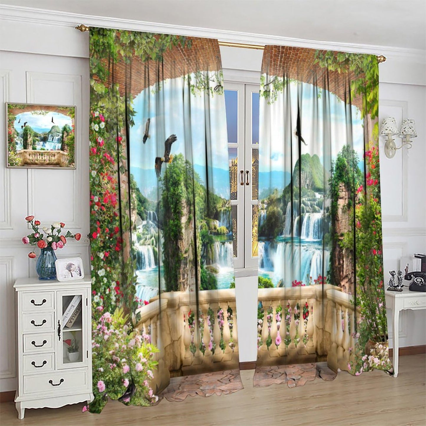 Yoakiet Italian Landscape Curtains,Old Stone Arches Sea Viewing Balcony Mural Waterfall Garden Flower Plant Print Rod Pocket Window Treatments Drapes for Bedroom Kitchen Living Room 42" W X 45" L