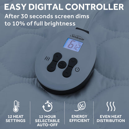 Sunbeam Electric Heated Mattress Pad Queen 80" x 60" 12 Heat Settings 12-Hour Auto Shut-Off Fast Heating Soft Cozy Fabric Deep Pocket Skirt Machine Washable